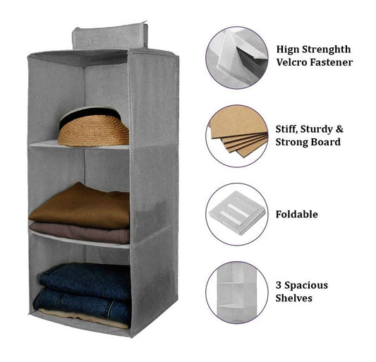 Hanging Wardrobe Organizer- 3 Shelves (Non-Woven Fabric Hanging Storage Wardrobe Organizer)